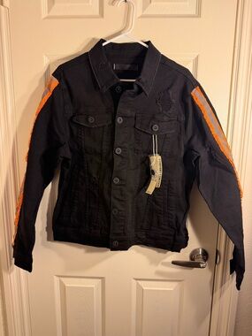KDNK Black Denim Jacket Orange Stripe Distressed Men’s Large NWT